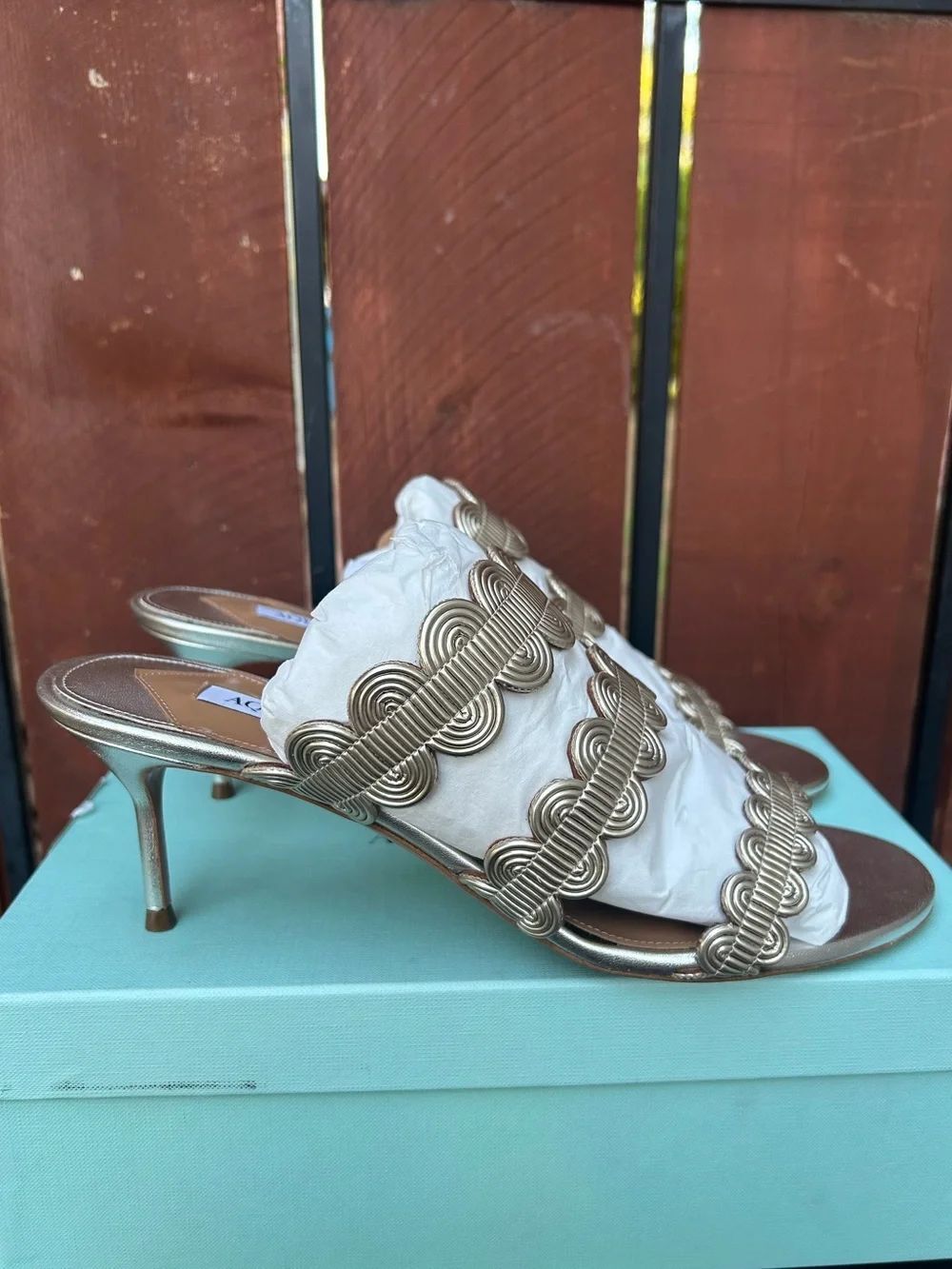 NEW Aquazzura wavy gold Embellished nappa leather mule sandals Size 41.5EU